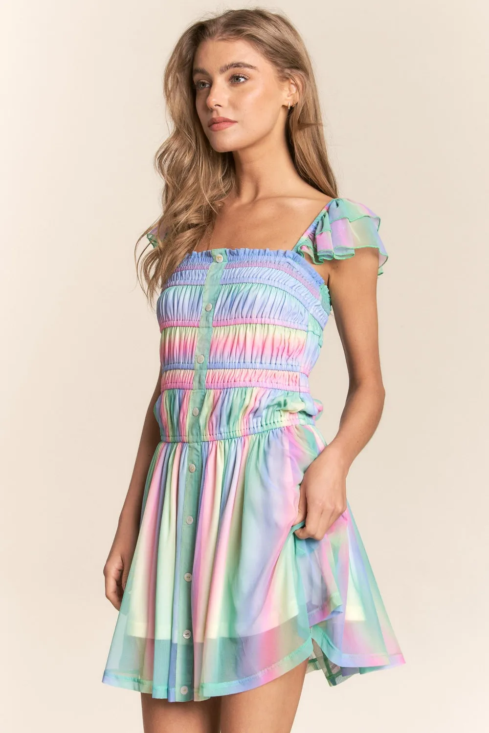 Beach Wedding Guest Attire: Women's Rainbow Smocked Mini Mesh Dress