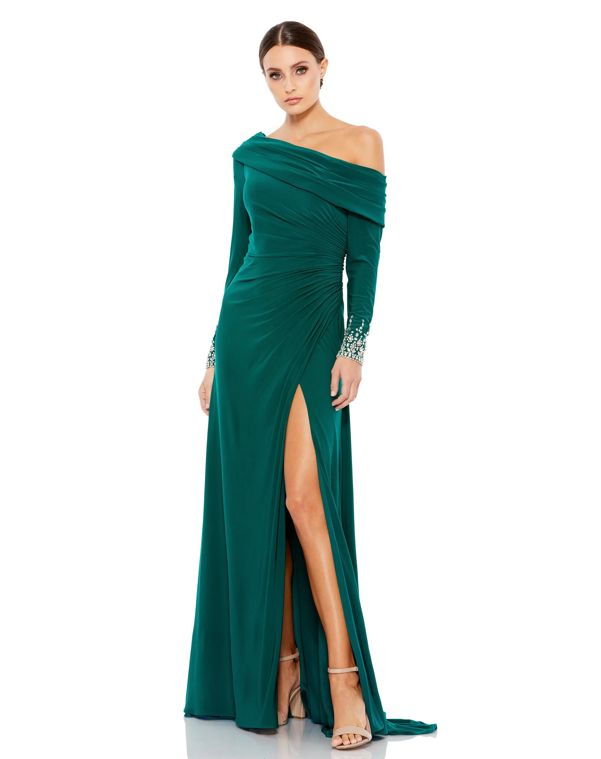 Beaded Cuff Drop Shoulder Faux Wrap Gown