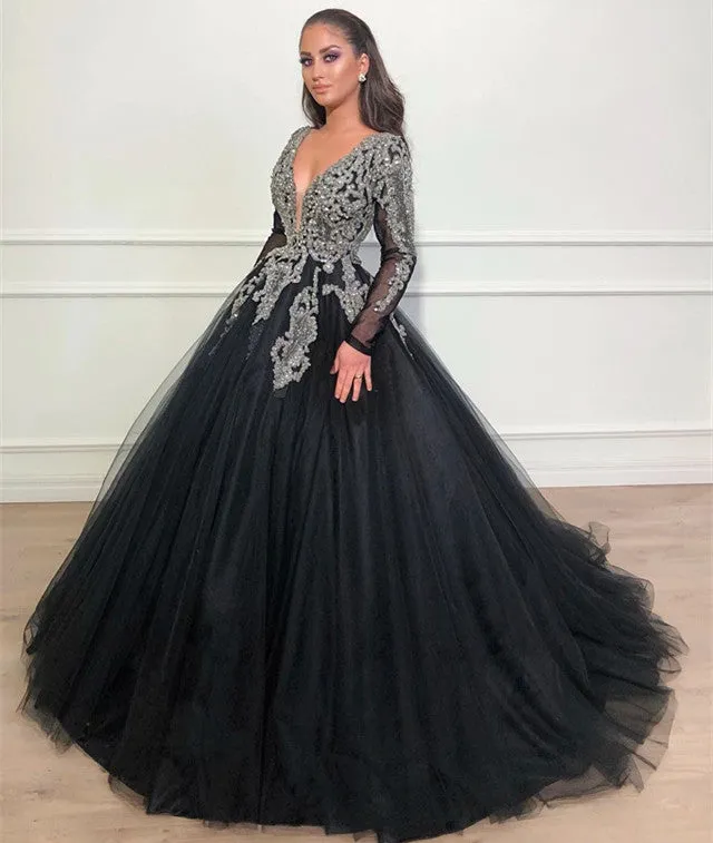 Beautiful Ball Gown V-neck Appliques Lace Long Prom Dress with Sleeves