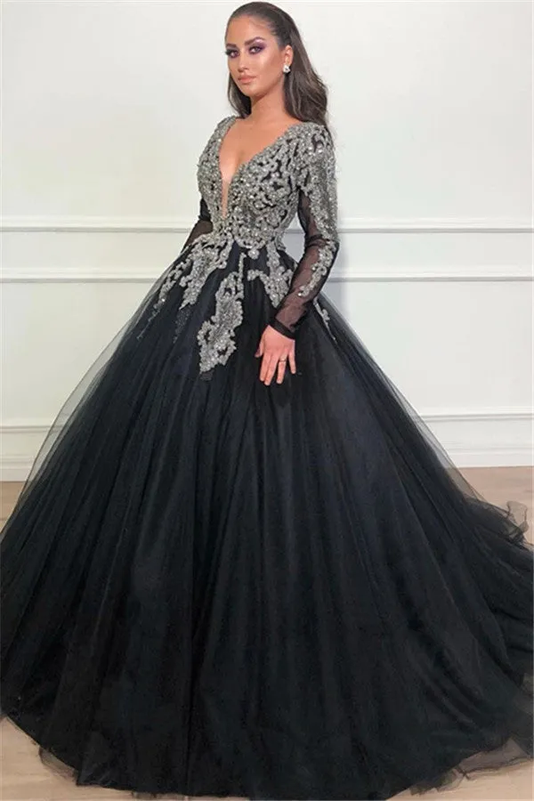 Beautiful Ball Gown V-neck Appliques Lace Long Prom Dress with Sleeves