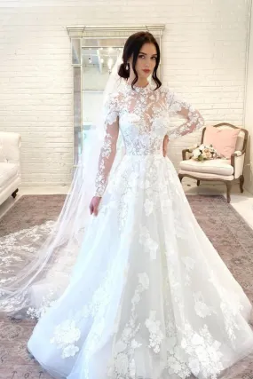 Beautiful Long A-line High Neck Lace Open Back Wedding Dress with Sleeves