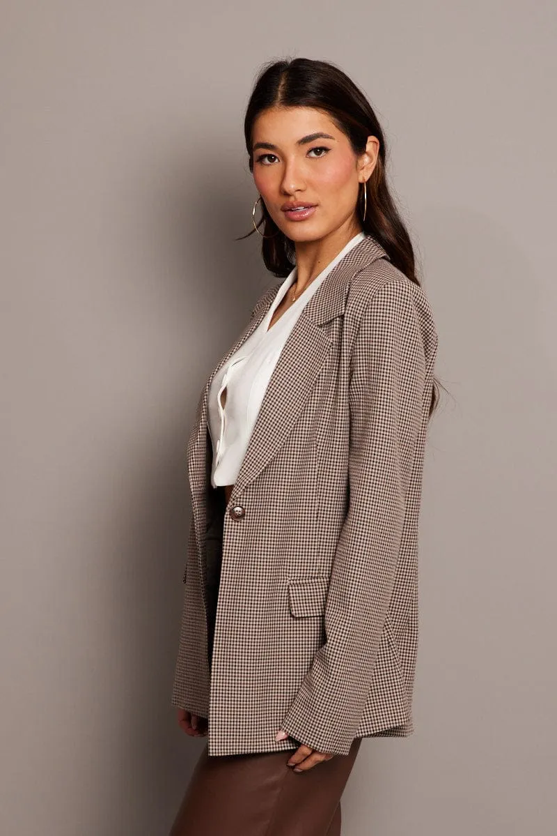 Beige Check Blazer Long Sleeve