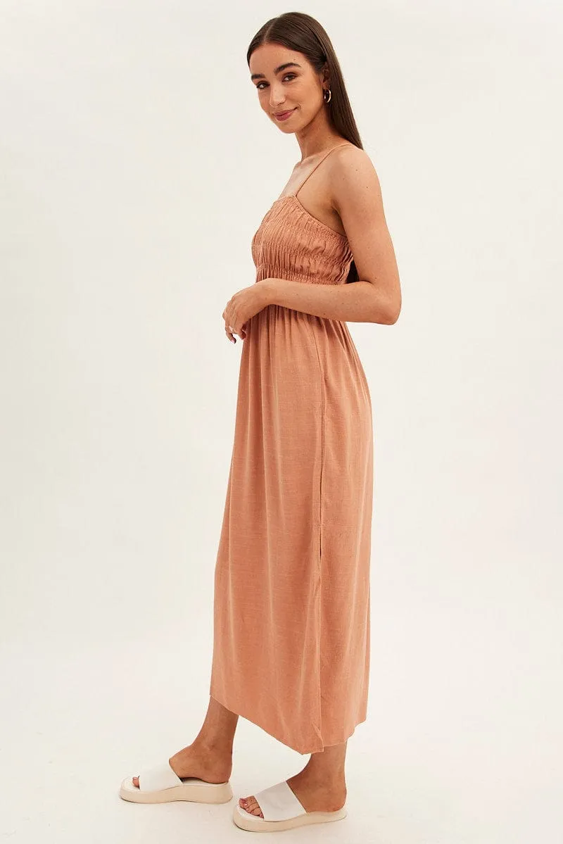 Beige Maxi Dress With Straps Shirring Linen Blend