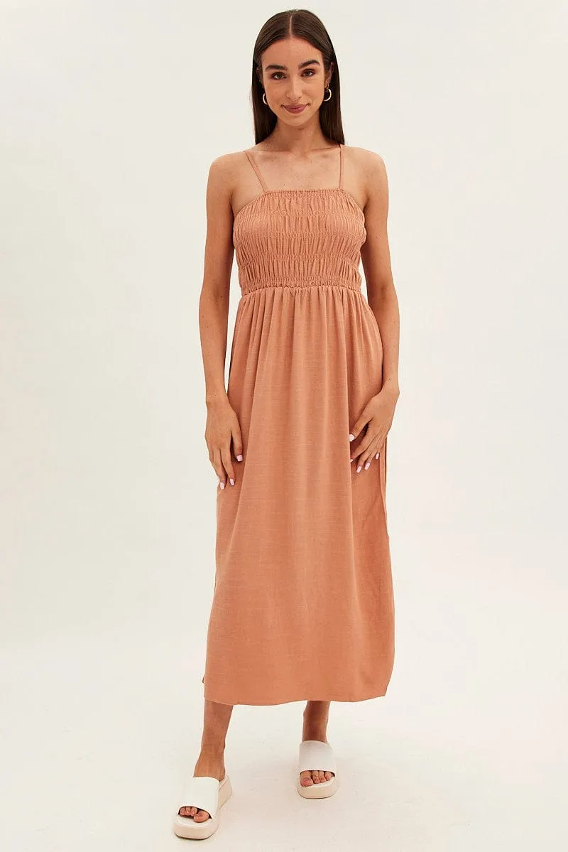 Beige Maxi Dress With Straps Shirring Linen Blend