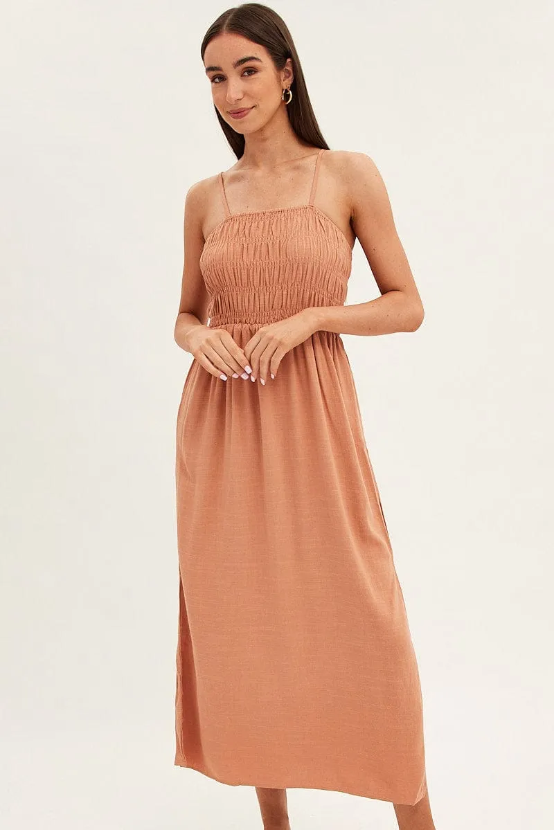 Beige Maxi Dress With Straps Shirring Linen Blend