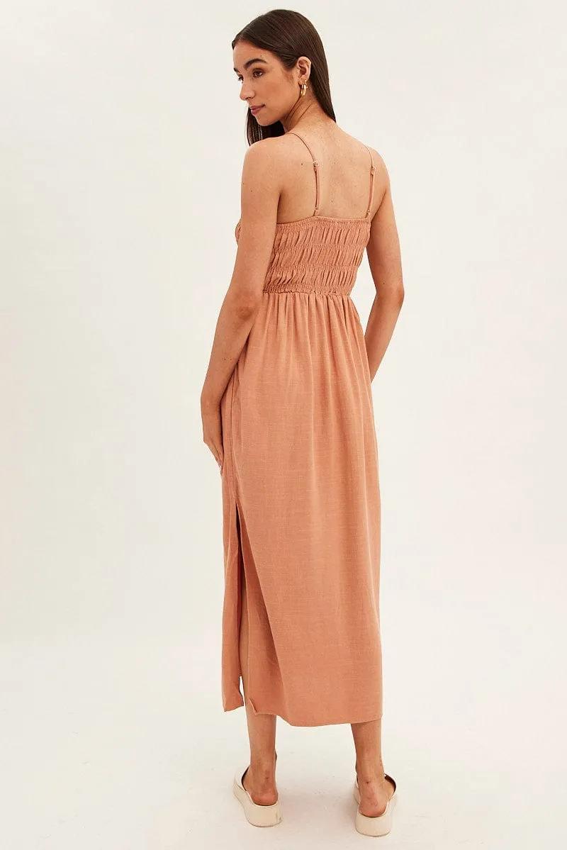 Beige Maxi Dress With Straps Shirring Linen Blend