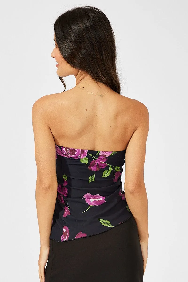 Black Floral Bandeau Top Printed