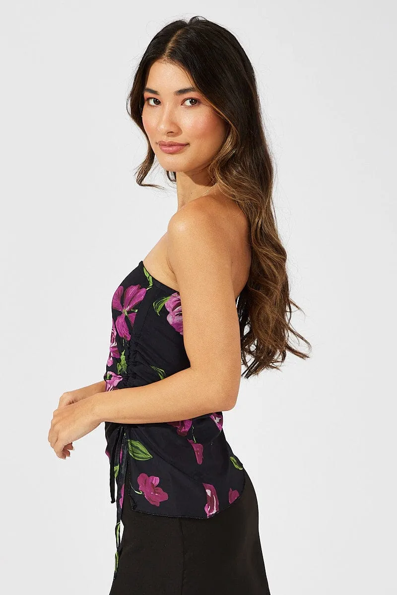 Black Floral Bandeau Top Printed