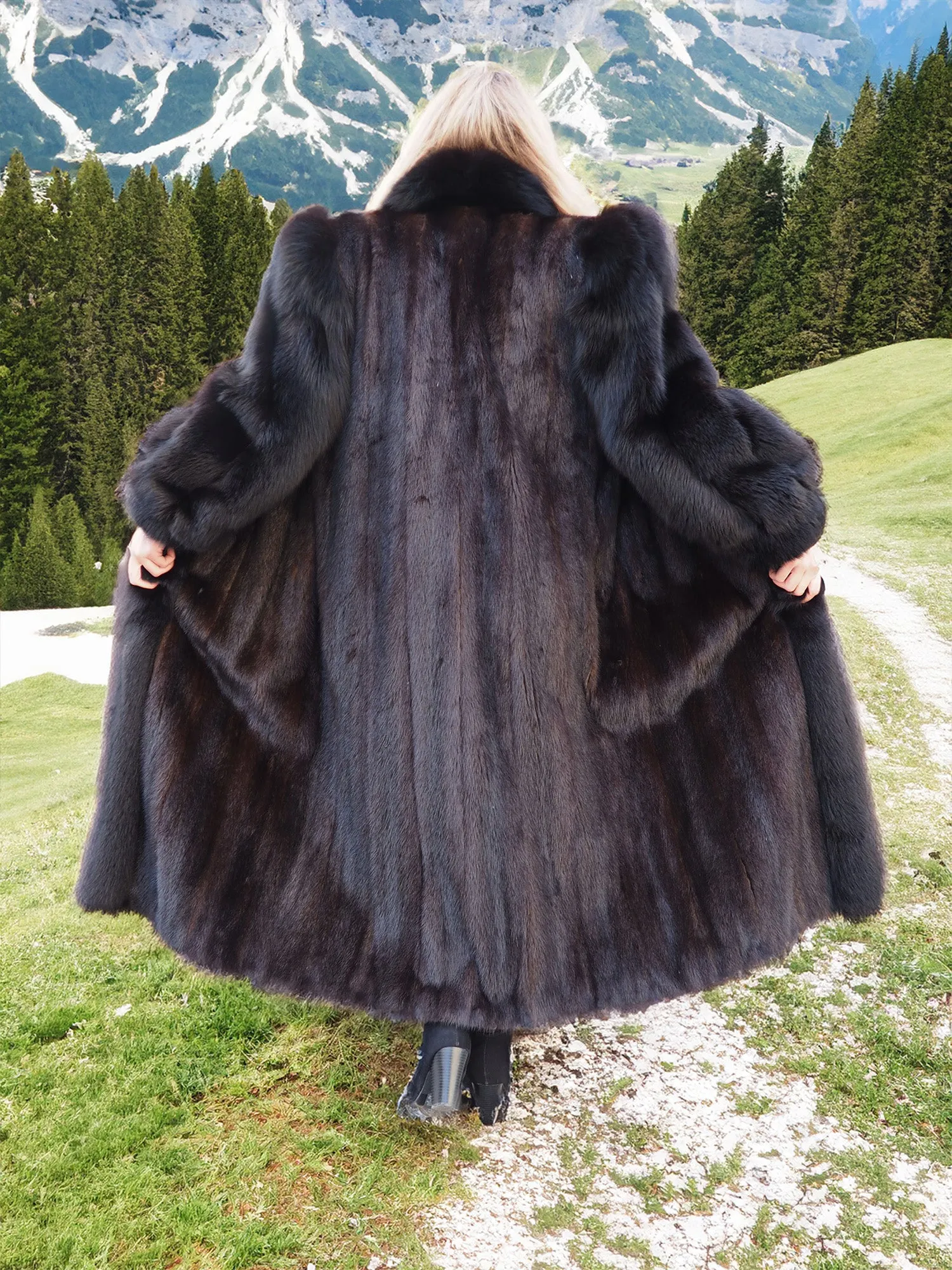 Black Mink Coat With Black fox Sleeves And Tuxedo Collar M/L