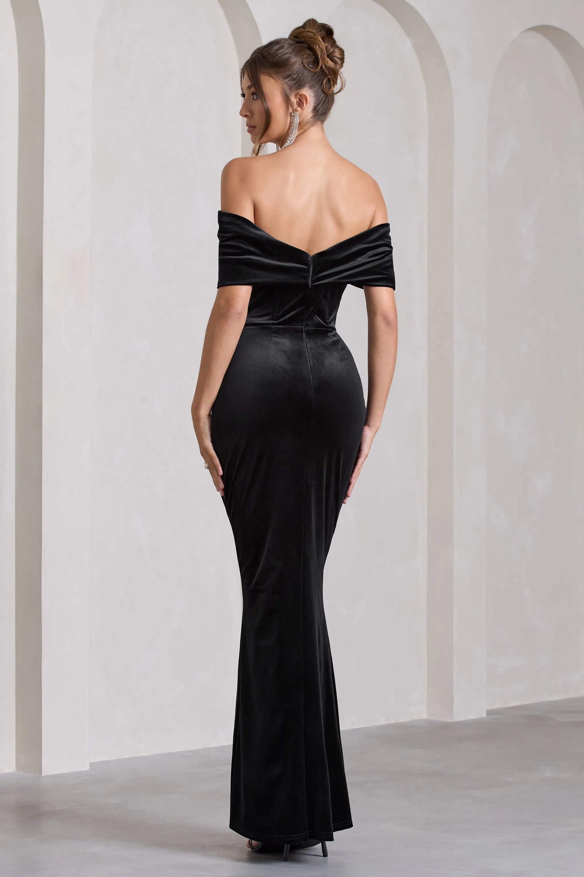 Blessing | Black Velvet Bardot Wrap Maxi Dress