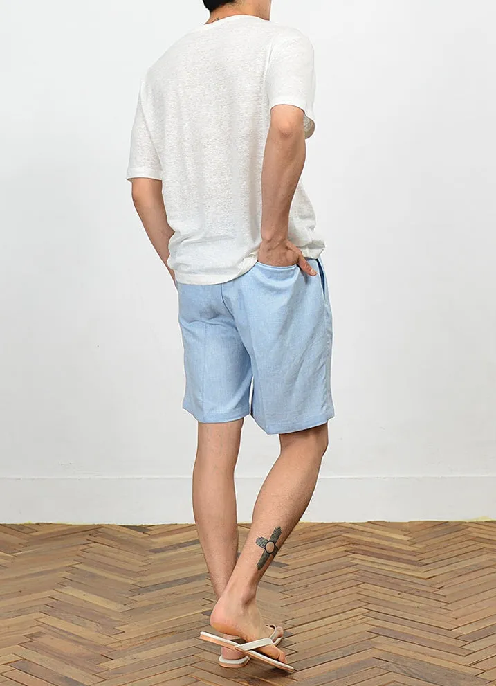 Blue Herringbone Linen Shorts For Mens Pants Summer Korean Suits