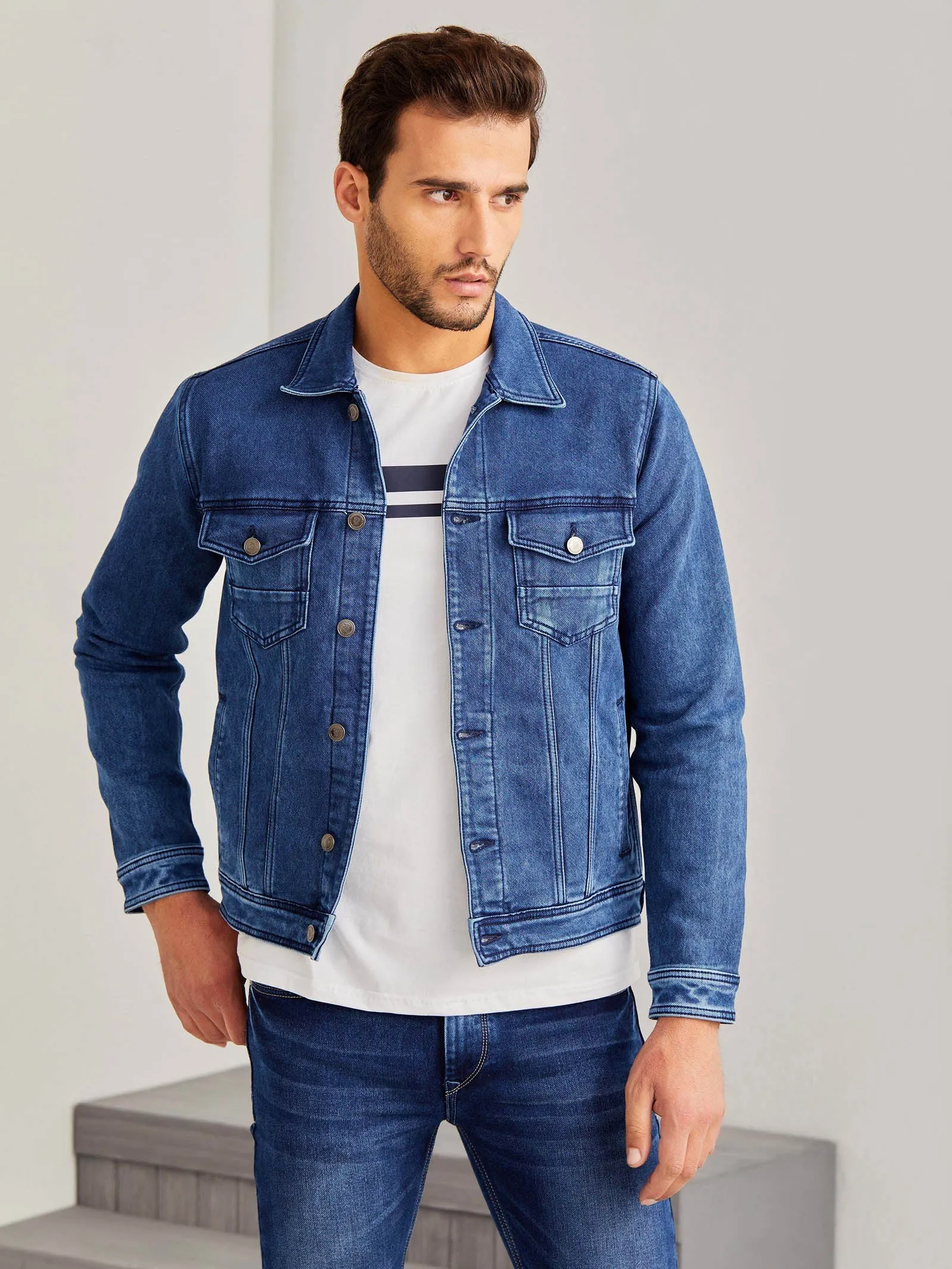 Blue Solid Denim Jacket