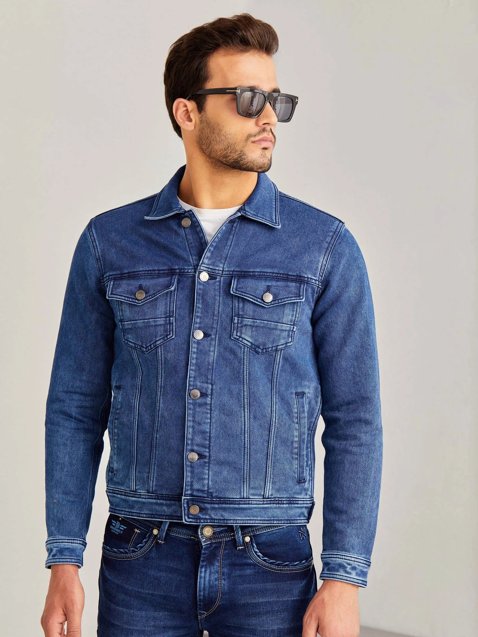 Blue Solid Denim Jacket