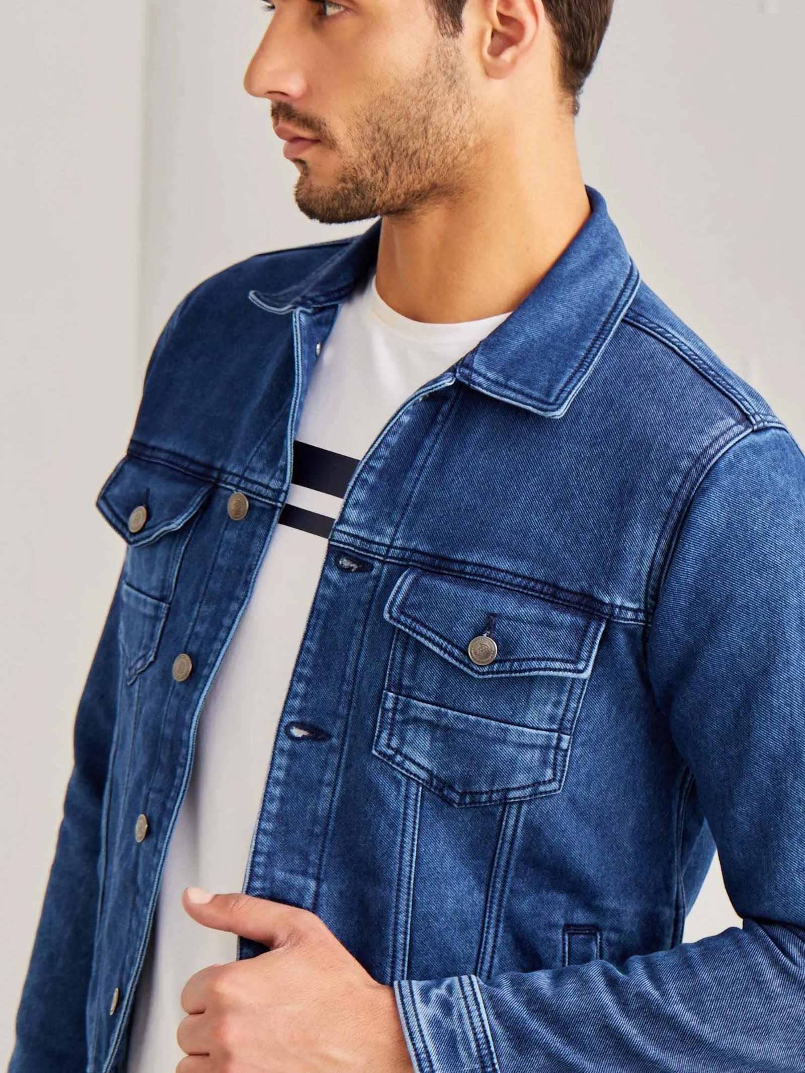 Blue Solid Denim Jacket