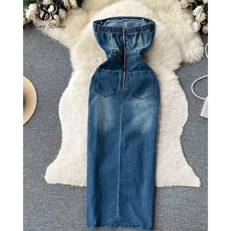 Boob Tube Slit Denim Dress