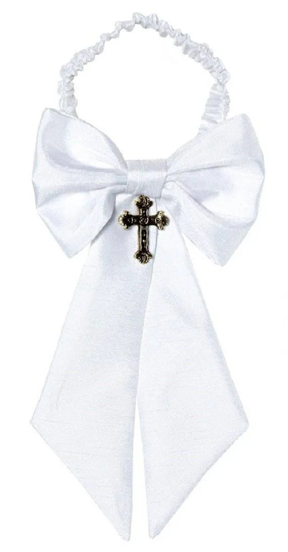 Boys First Holy Communion White Silk Shantung Armband with Religious Cross