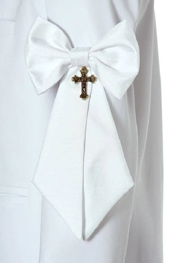 Boys First Holy Communion White Silk Shantung Armband with Religious Cross