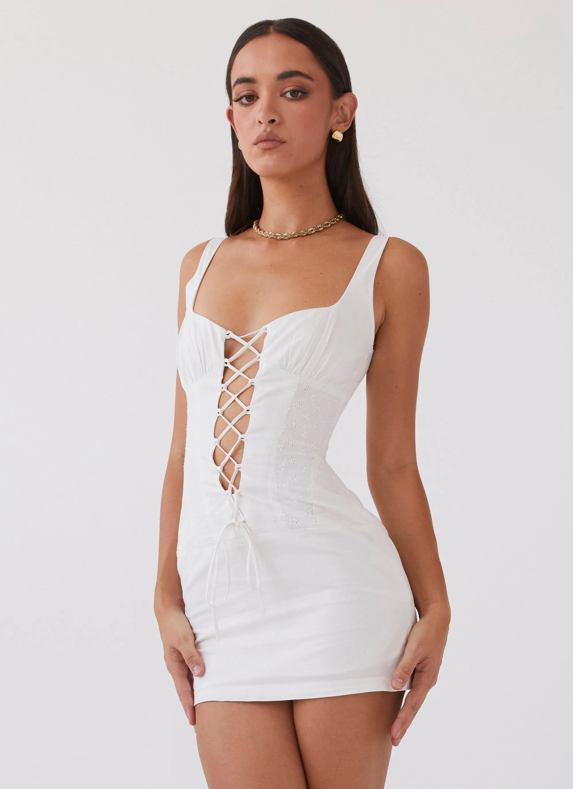 Casey Lace Up Mini Dress - White