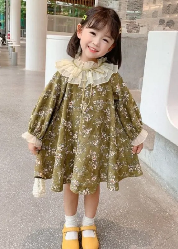 Chic Green Ruffled Lace Up Print Cotton Kids Girls Dresses Long Sleeve XZ065