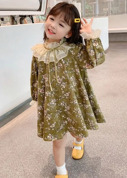 Chic Green Ruffled Lace Up Print Cotton Kids Girls Dresses Long Sleeve XZ065