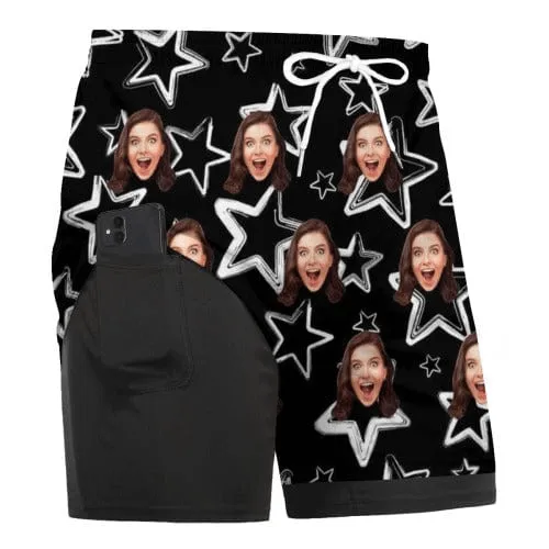 Custom Face&Name Blue Star Men's Crewneck Sweatshirt&2in1 Pockets Shorts Set