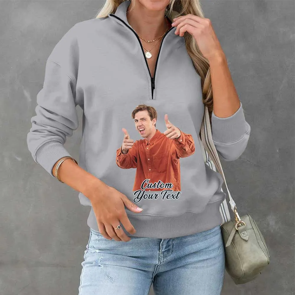 Custom Face&Text Funny Womens Oversized Sweatshirts Hoodies Half Zip Pullover Fall Fashion Outfits