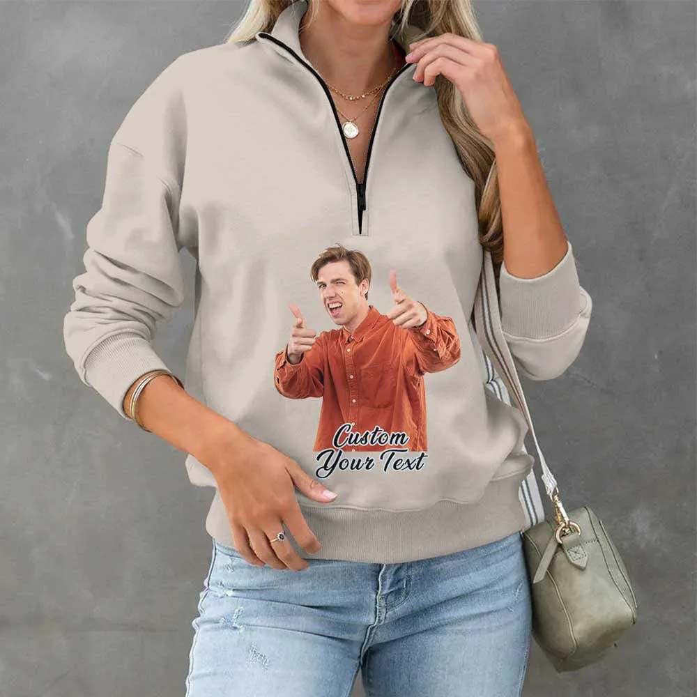 Custom Face&Text Funny Womens Oversized Sweatshirts Hoodies Half Zip Pullover Fall Fashion Outfits