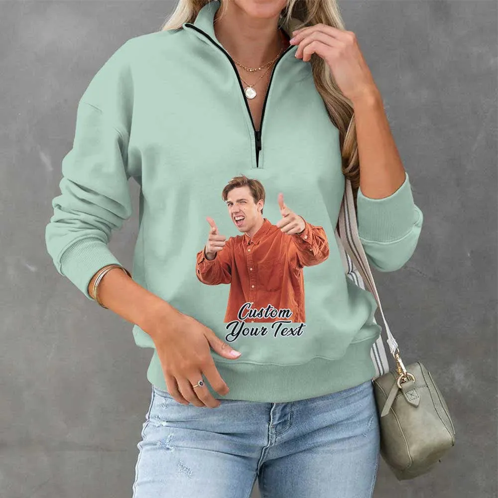 Custom Face&Text Funny Womens Oversized Sweatshirts Hoodies Half Zip Pullover Fall Fashion Outfits