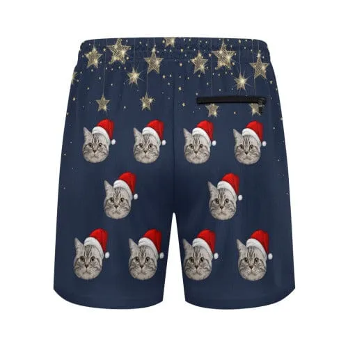 Custom Pet Face Cat Star Christmas Red Hat Men's Crewneck Sweatshirt&2in1 Pockets Shorts Set