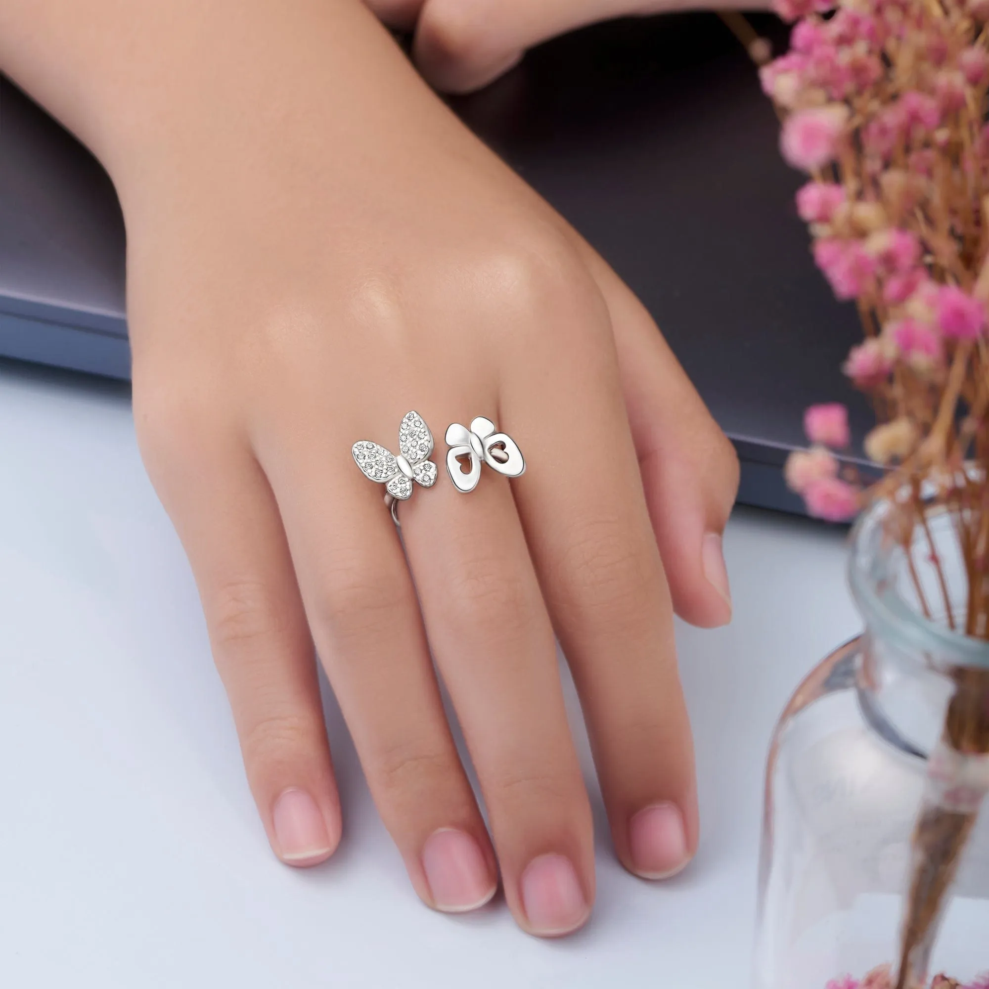 CZ Double Butterfly Ring Silver Adjustable