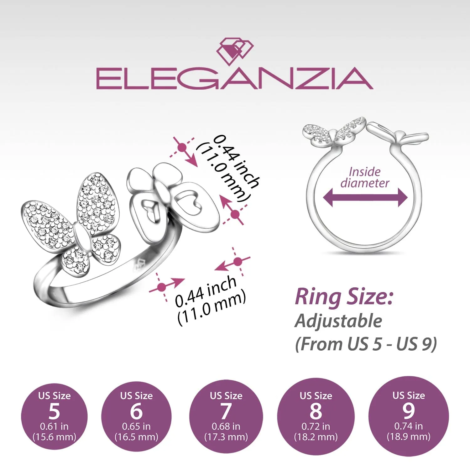 CZ Double Butterfly Ring Silver Adjustable