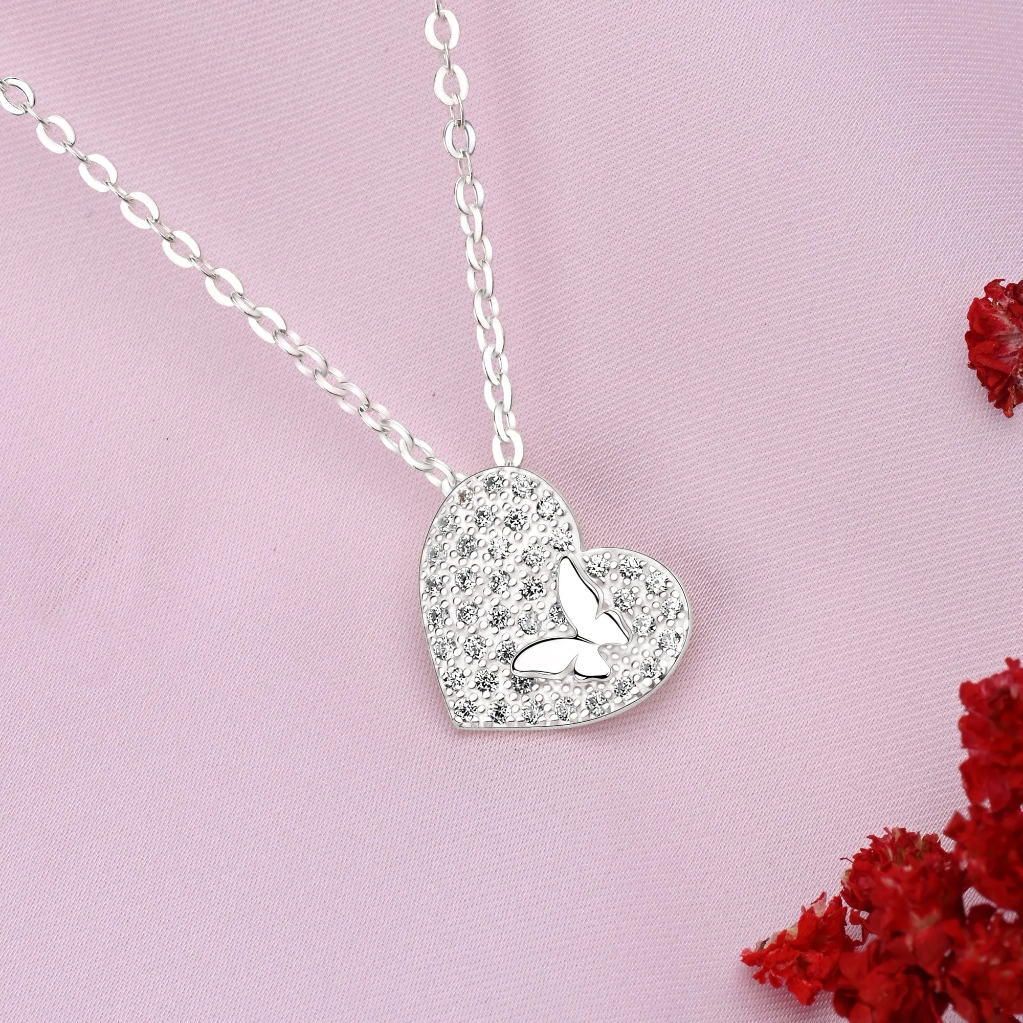 Dainty Butterfly Heart Necklace Sterling Silver