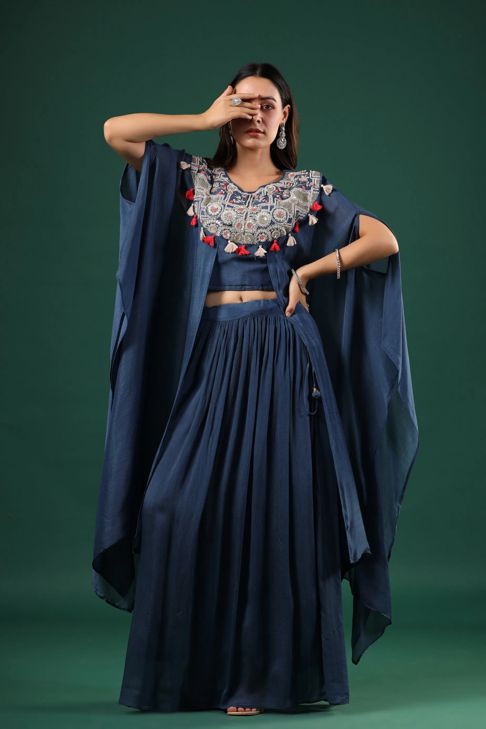 Deep Blue Embellished Chinon Silk Skirt Set