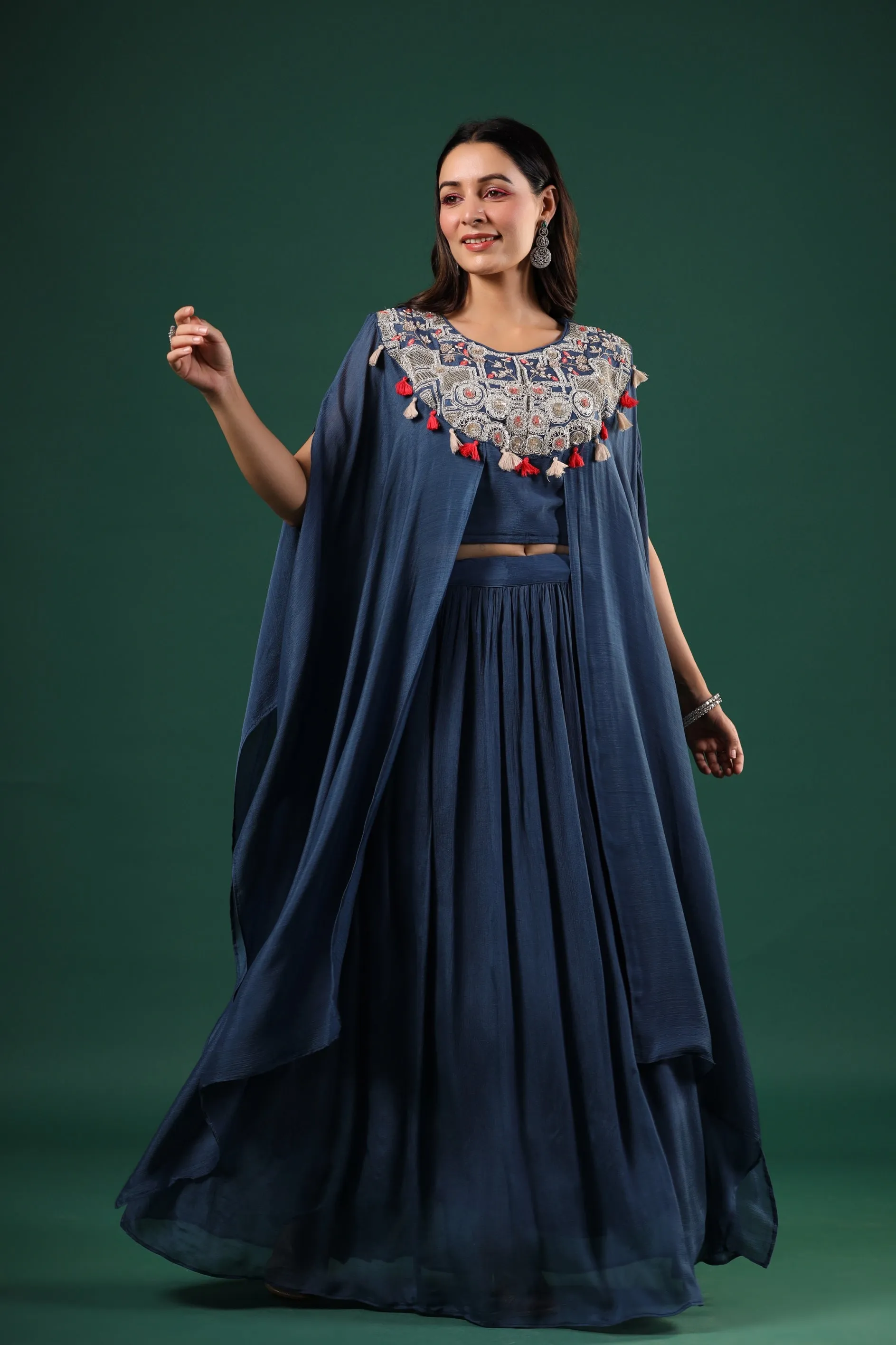 Deep Blue Embellished Chinon Silk Skirt Set