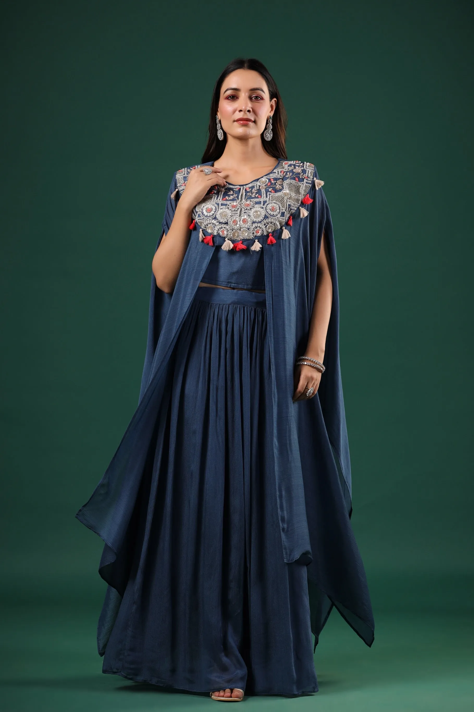 Deep Blue Embellished Chinon Silk Skirt Set