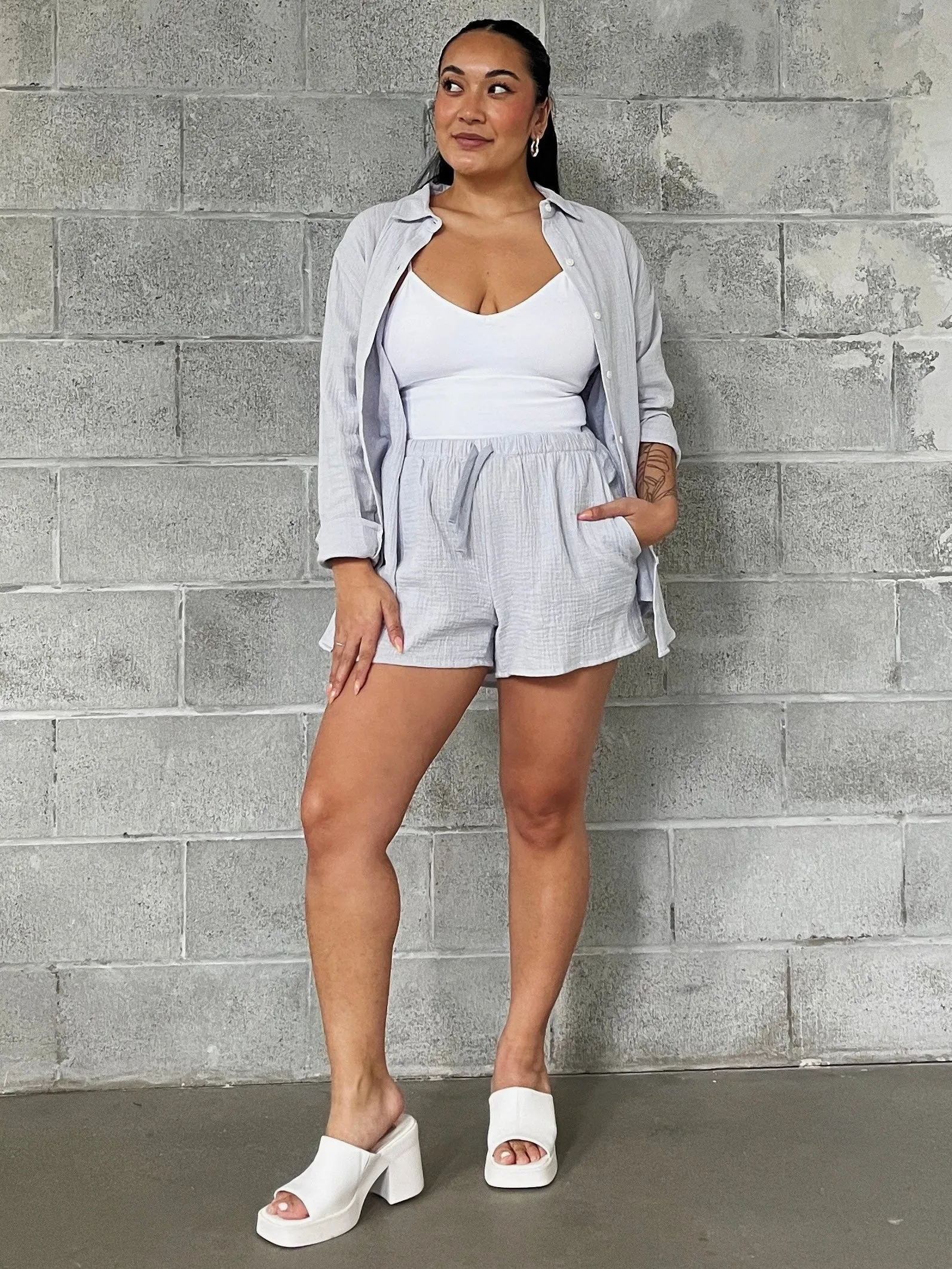 DEX Textured Button Up and Drawstring Short Set