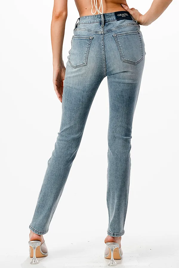 Distressed Basic Light Wash Mid Rise Skinny Jeans