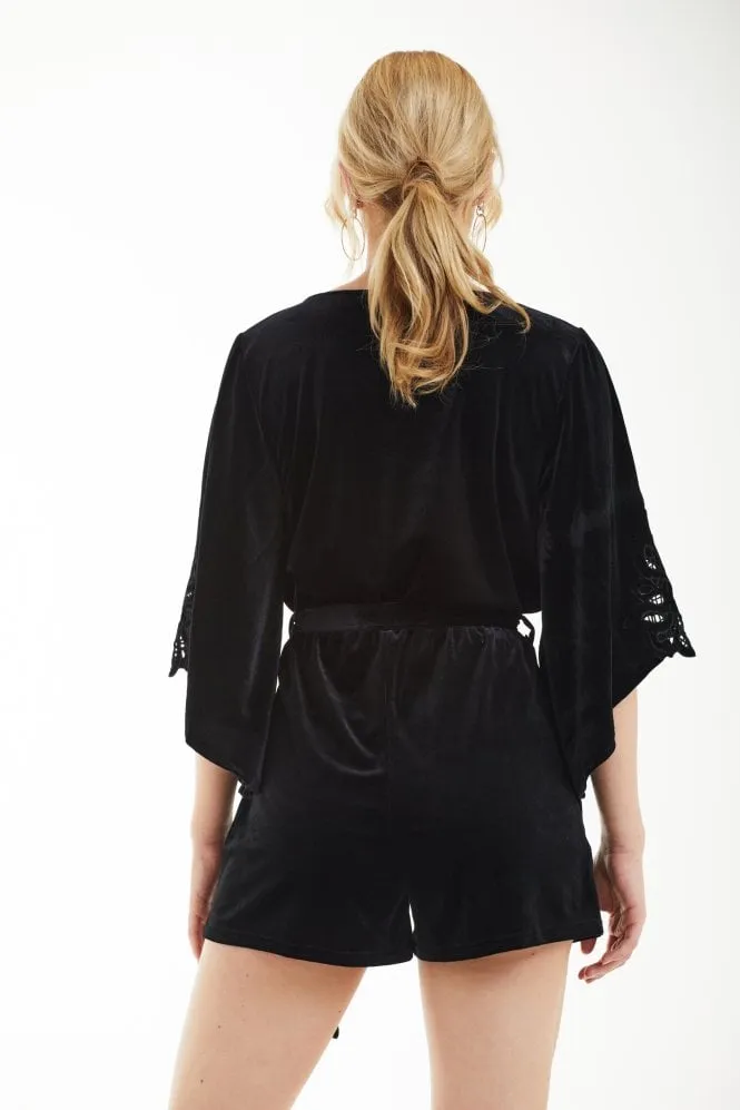 Double Second Black Velvet Embroidery Wrap Playsuit