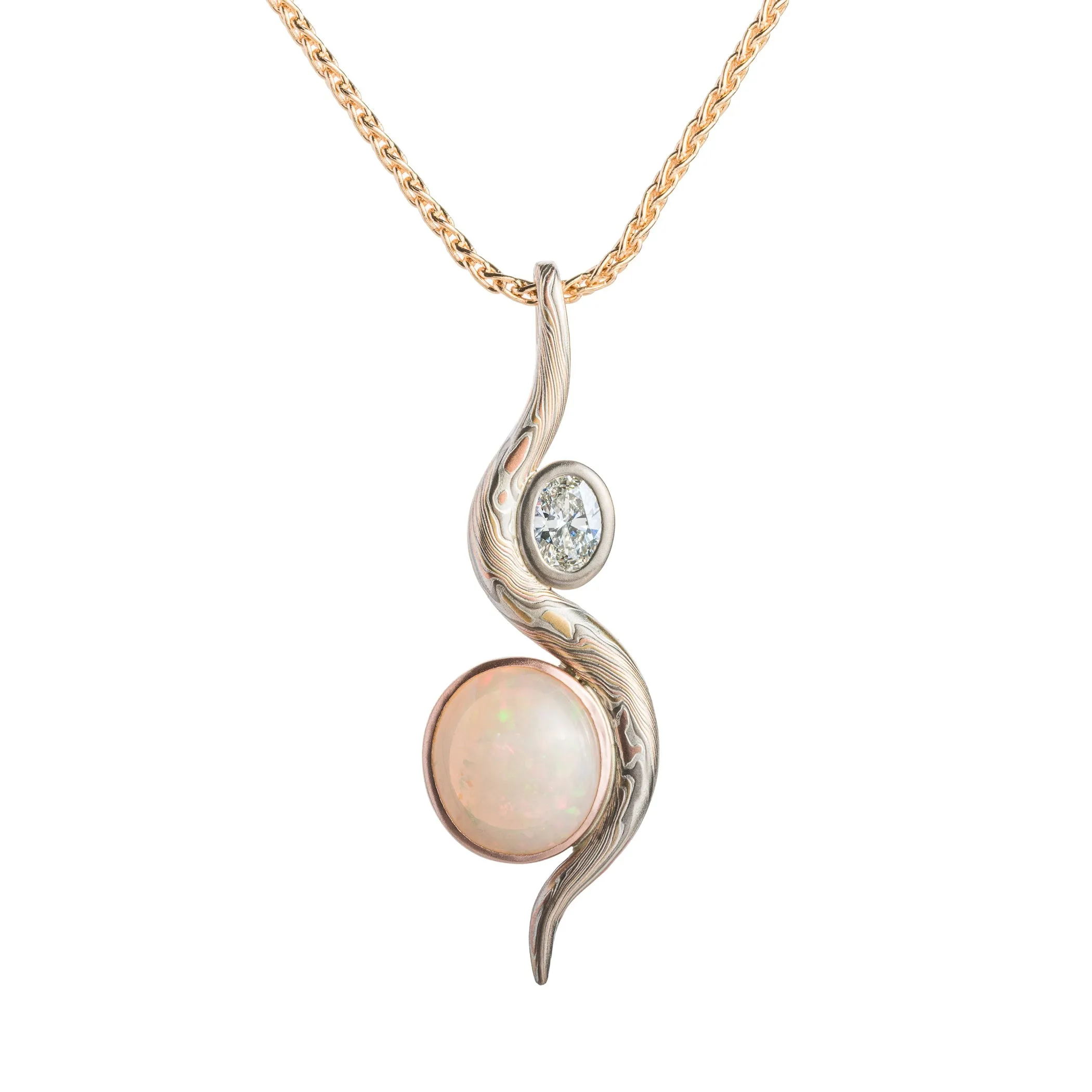 Elegant Diamond and Opal Mokume Gane Pendant in Firestorm Palette and Twist Pattern