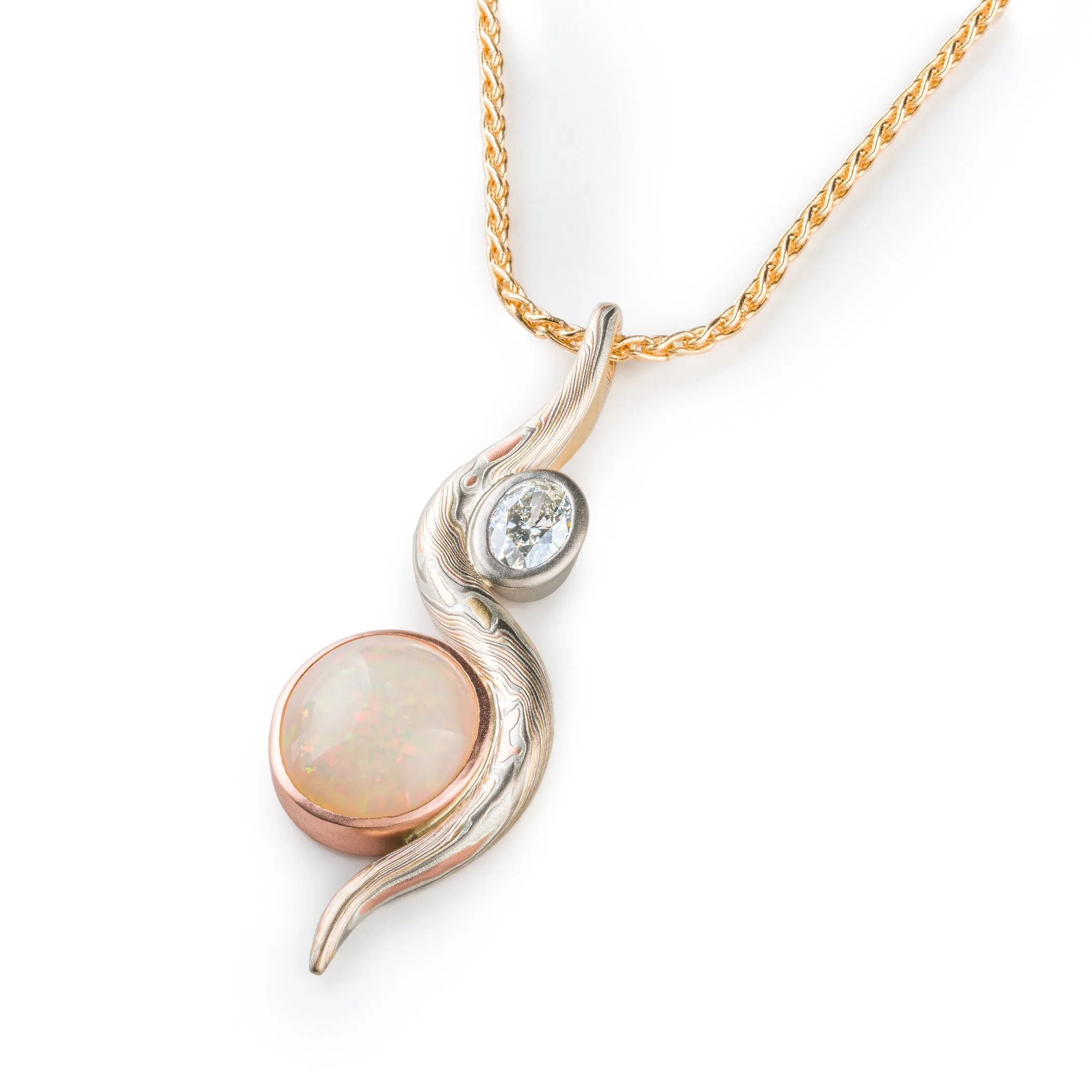 Elegant Diamond and Opal Mokume Gane Pendant in Firestorm Palette and Twist Pattern