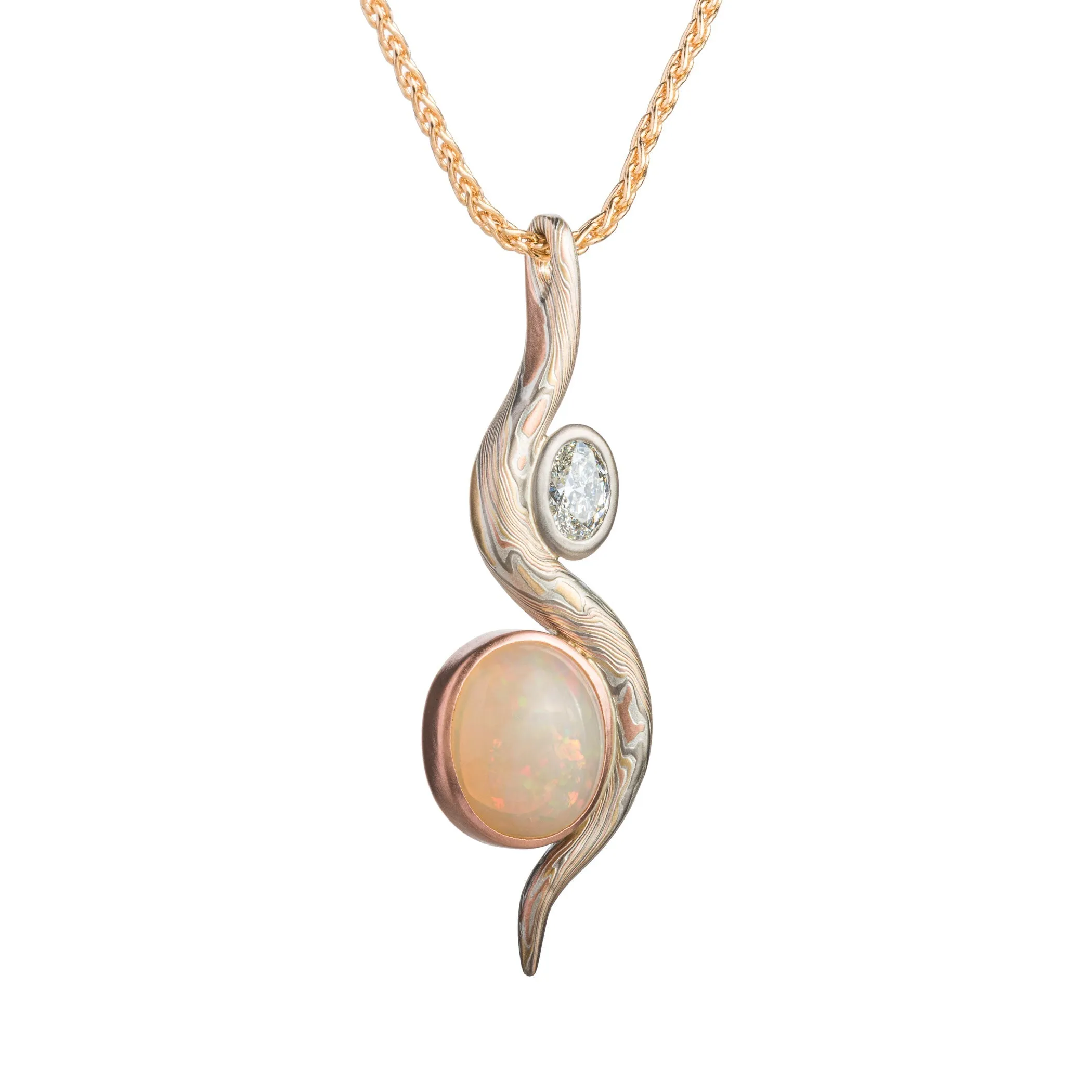 Elegant Diamond and Opal Mokume Gane Pendant in Firestorm Palette and Twist Pattern