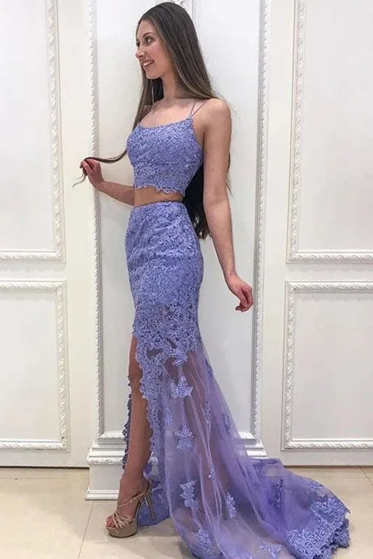 Elegant Two Pieces Mermaid Lilac Lace Slit Long Prom Dresses, Formal STK20417