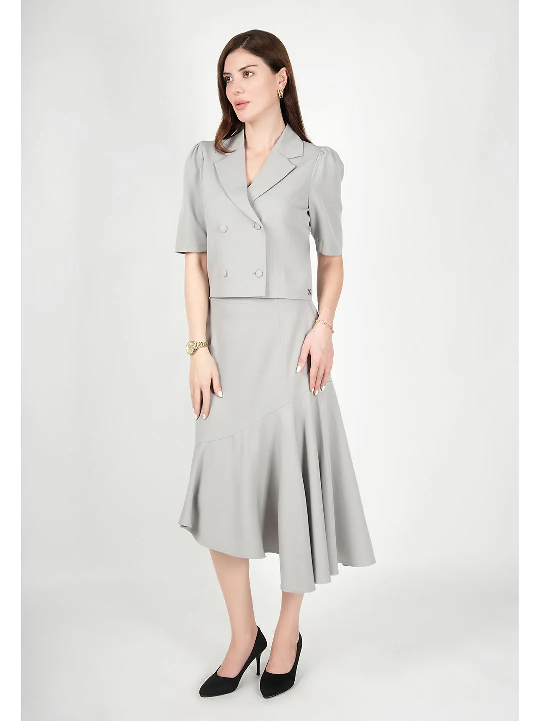 Exude Sunbeam Blazer Top with A-Symmetrical Skirt (Grey)