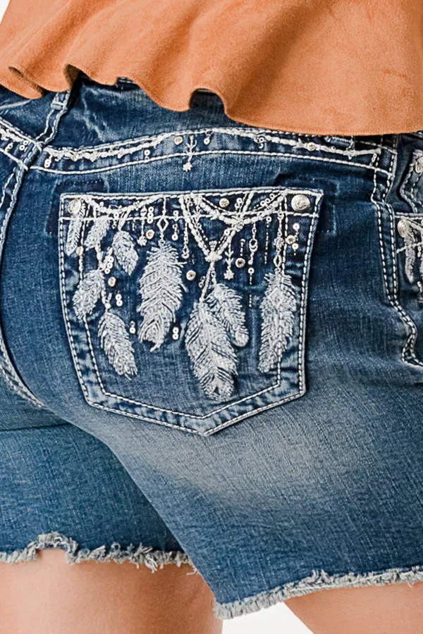 Feathers Detail Mid Rise Denim Shorts