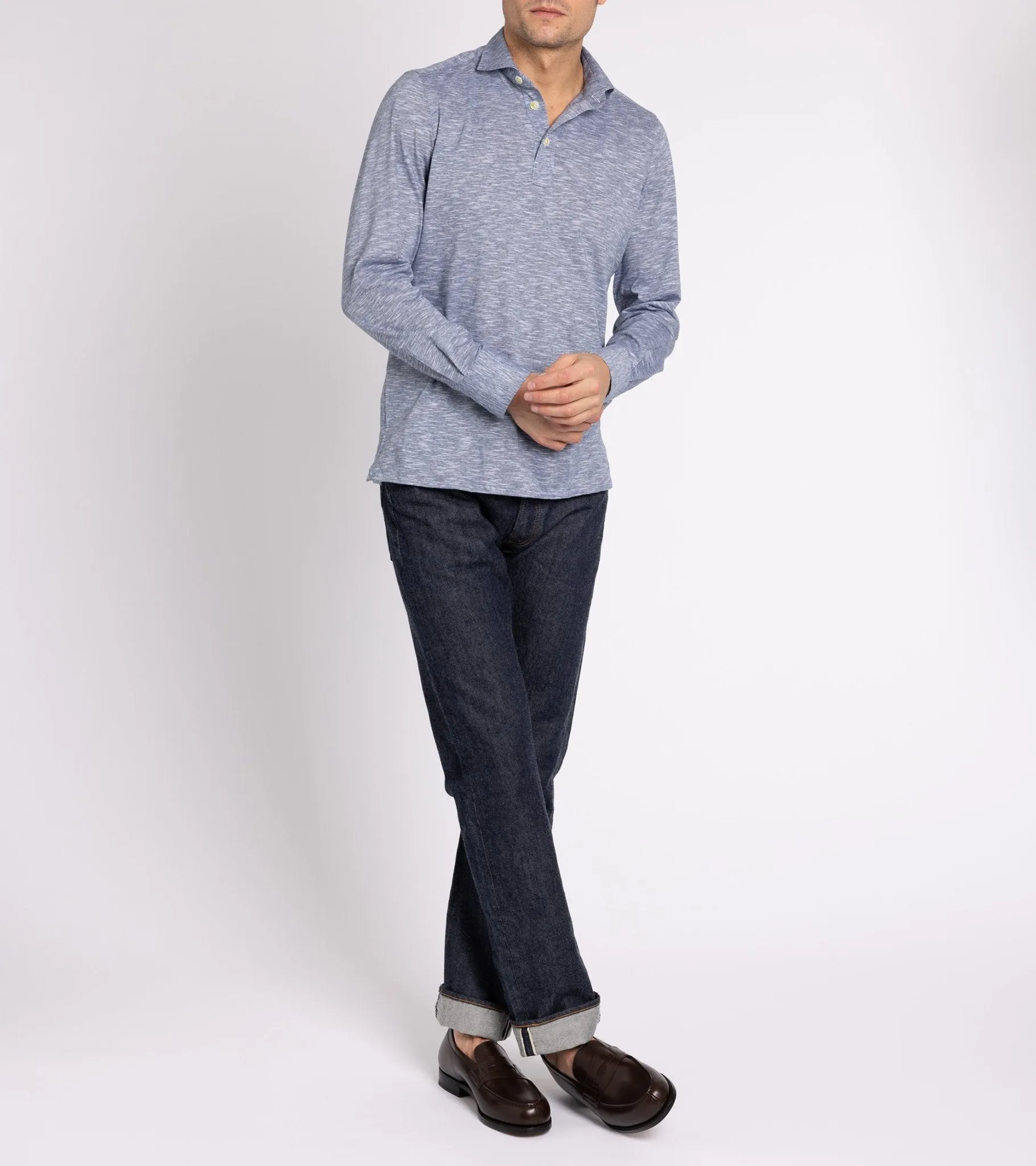 Finamore Orlando Cotton Mix Stripe Polo Shirt: Navy