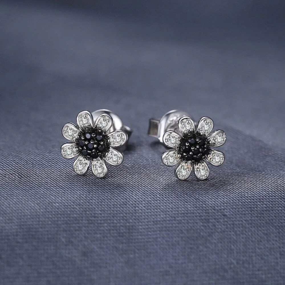 Flower Natural Black Spinel Onyx  Stud Earrings - 925 Sterling Silver