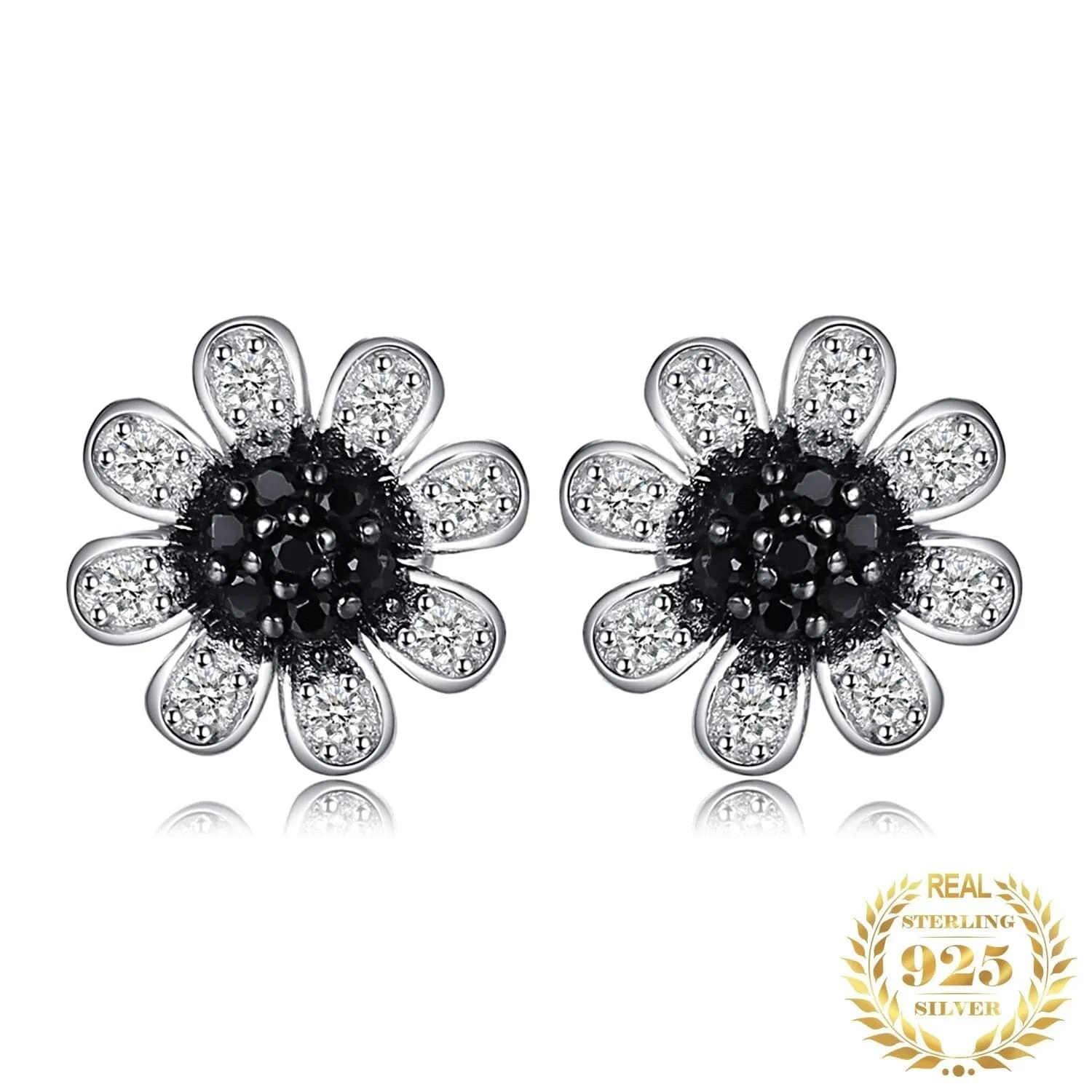 Flower Natural Black Spinel Onyx  Stud Earrings - 925 Sterling Silver