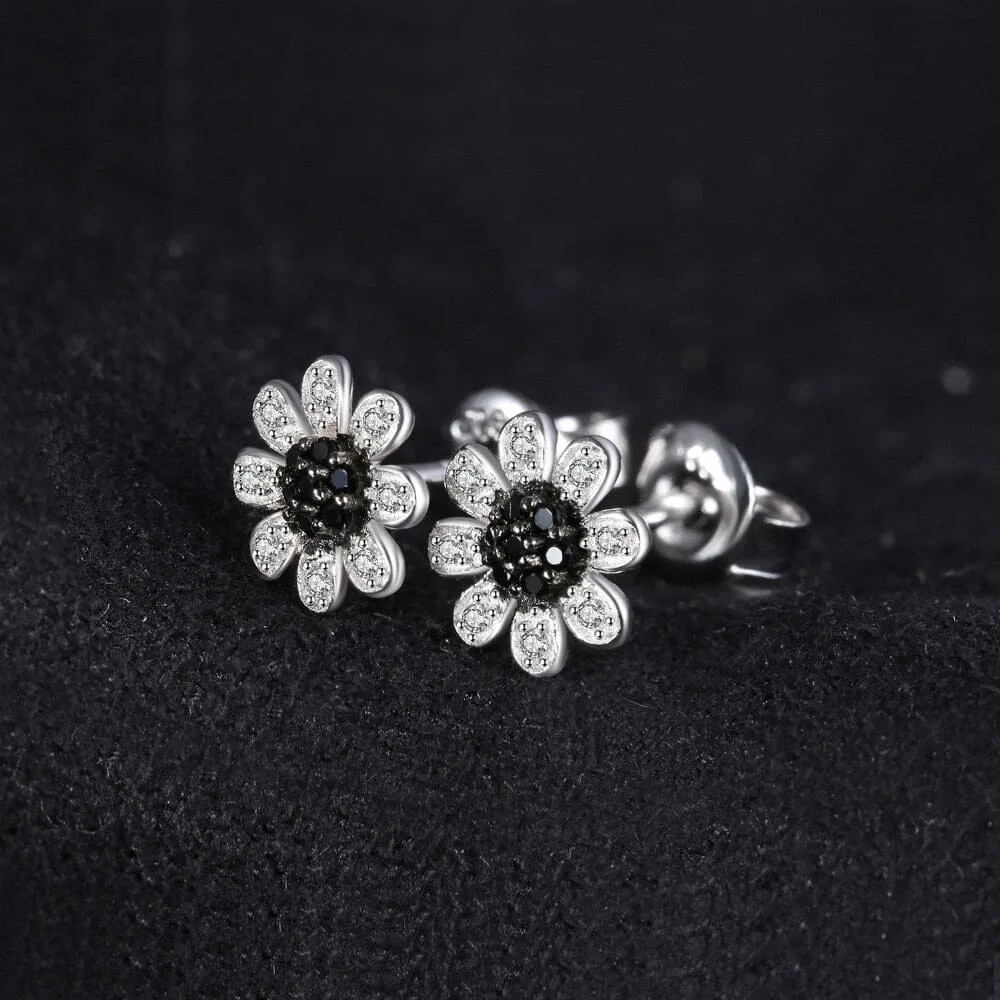 Flower Natural Black Spinel Onyx  Stud Earrings - 925 Sterling Silver