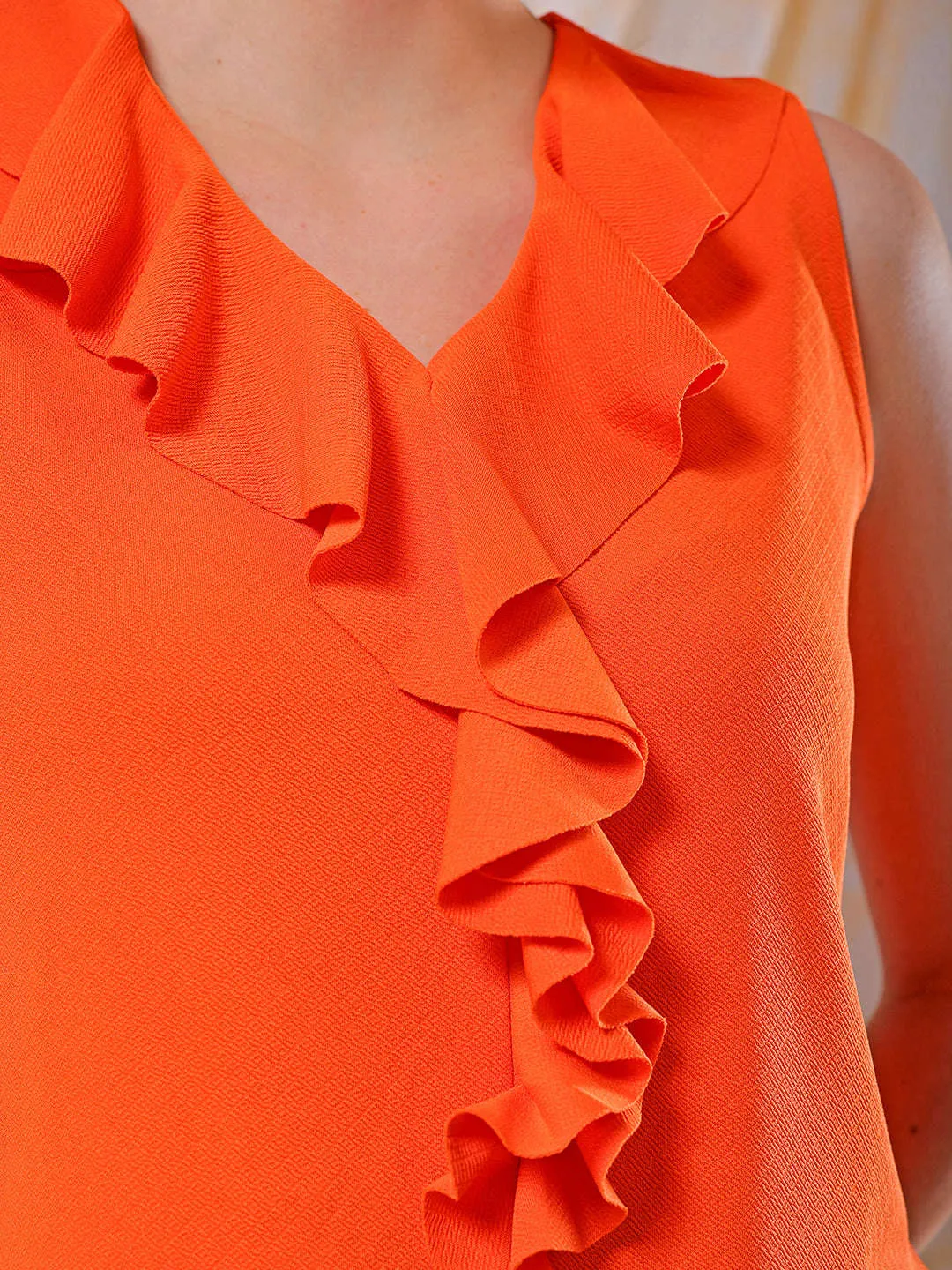 Freehand Women Orange Fitted Textured Ruffled Ruffle Top