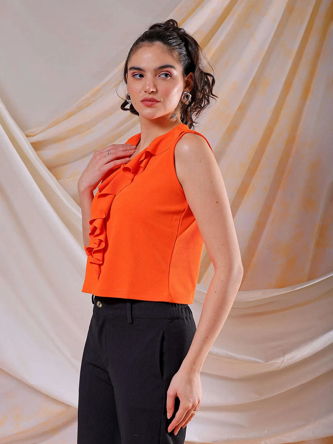 Freehand Women Orange Fitted Textured Ruffled Ruffle Top